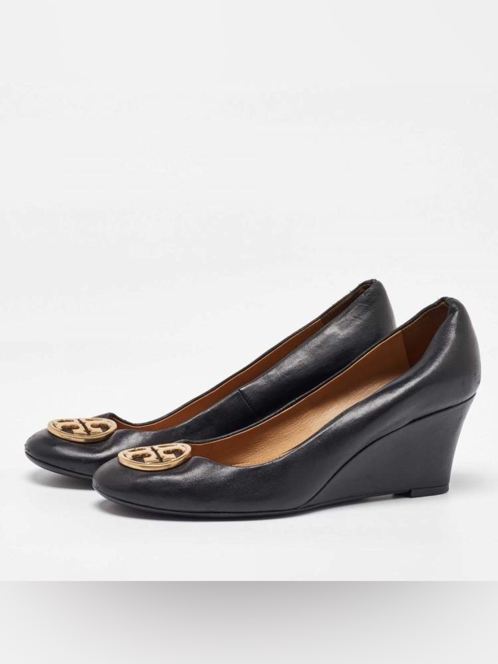 Tory Burch Sally Wedge Pump Black Leather Logo Round-Toe Flats Size 8